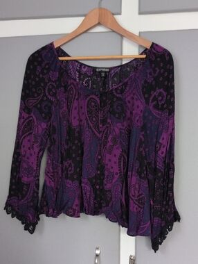 Express Purple Paisley Lace-Trim Blouse